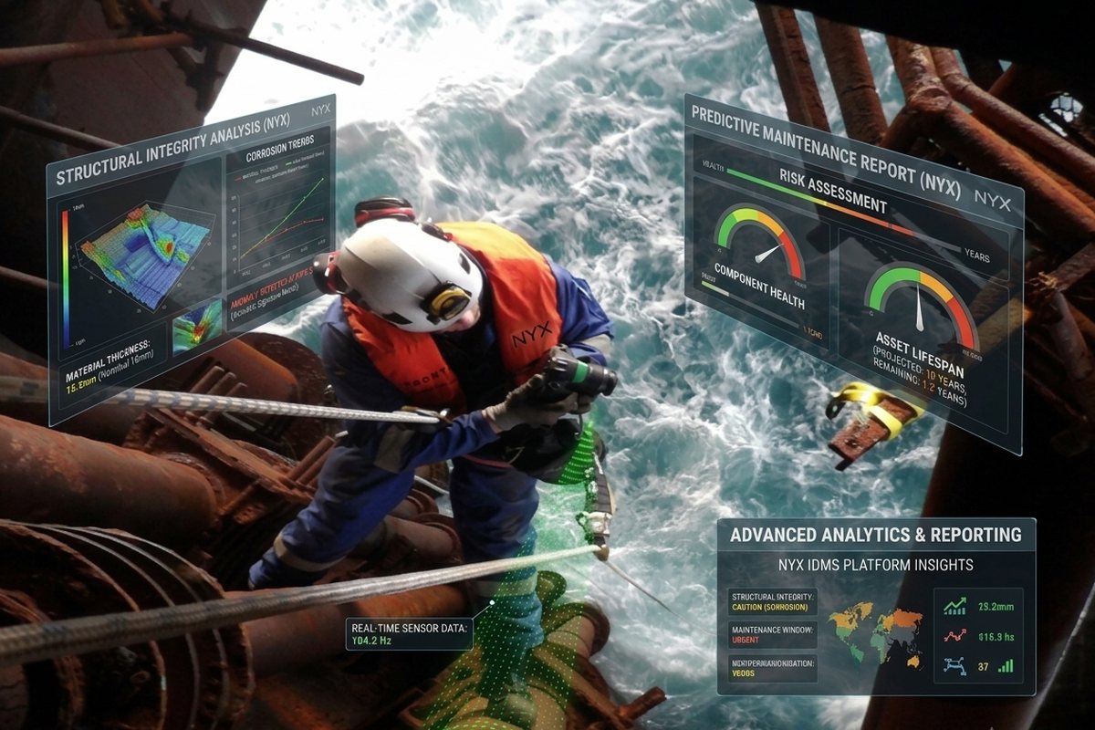 Rope-access inspector on an offshore structure with corrosion trending and risk analytics overlays