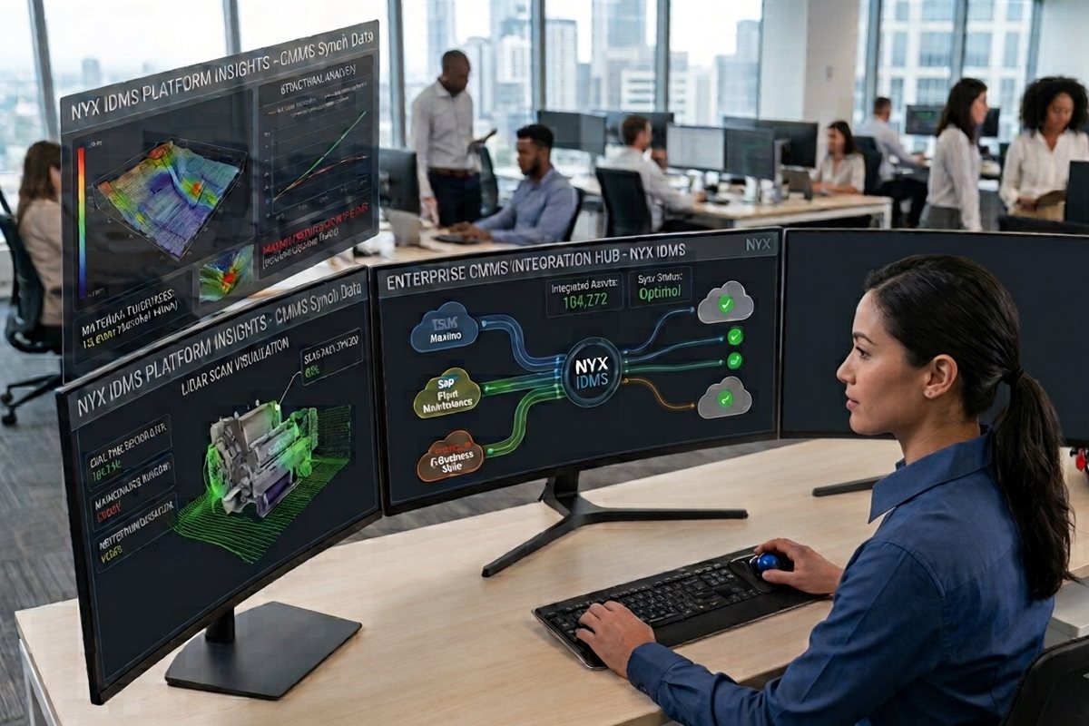 Integrity engineer monitoring NYX IDMS and CMMS integration dashboards in an operations office