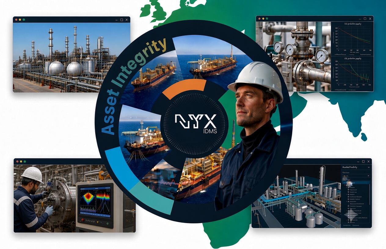 NYX IDMS asset integrity overview: refinery, offshore FPSO vessels, field inspection and 3D plant model around the NYX IDMS logo